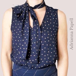 Adrianna Papell•Vintage Style Sleeveless Printed Tie Neck Blouse- Navy/B…